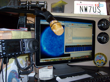The Main NW7US Radio Shack Operating Position - illustrating digital operation with PSK31 mode using DM780 and Ham Radio Deluxe.
